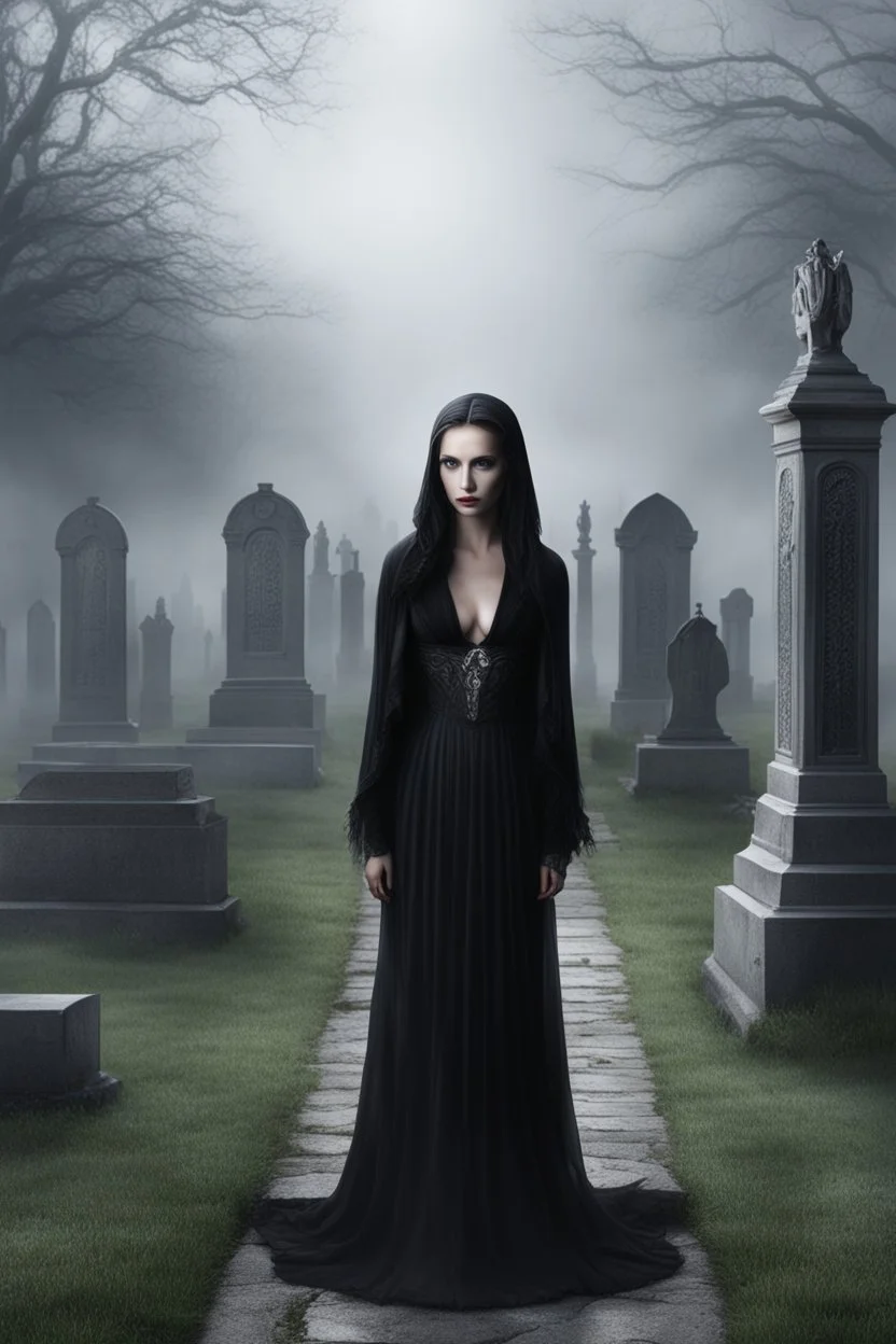 photorealistic slim woman looking like Drusilla in a cemetary with mist and crypts