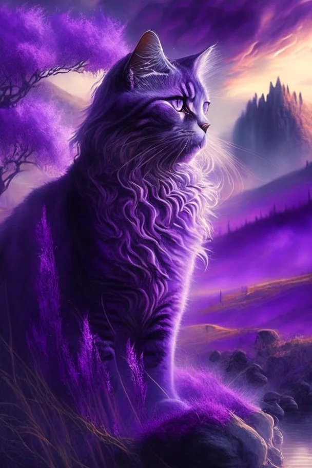 majestic cat, violet tones, fantasy landscape