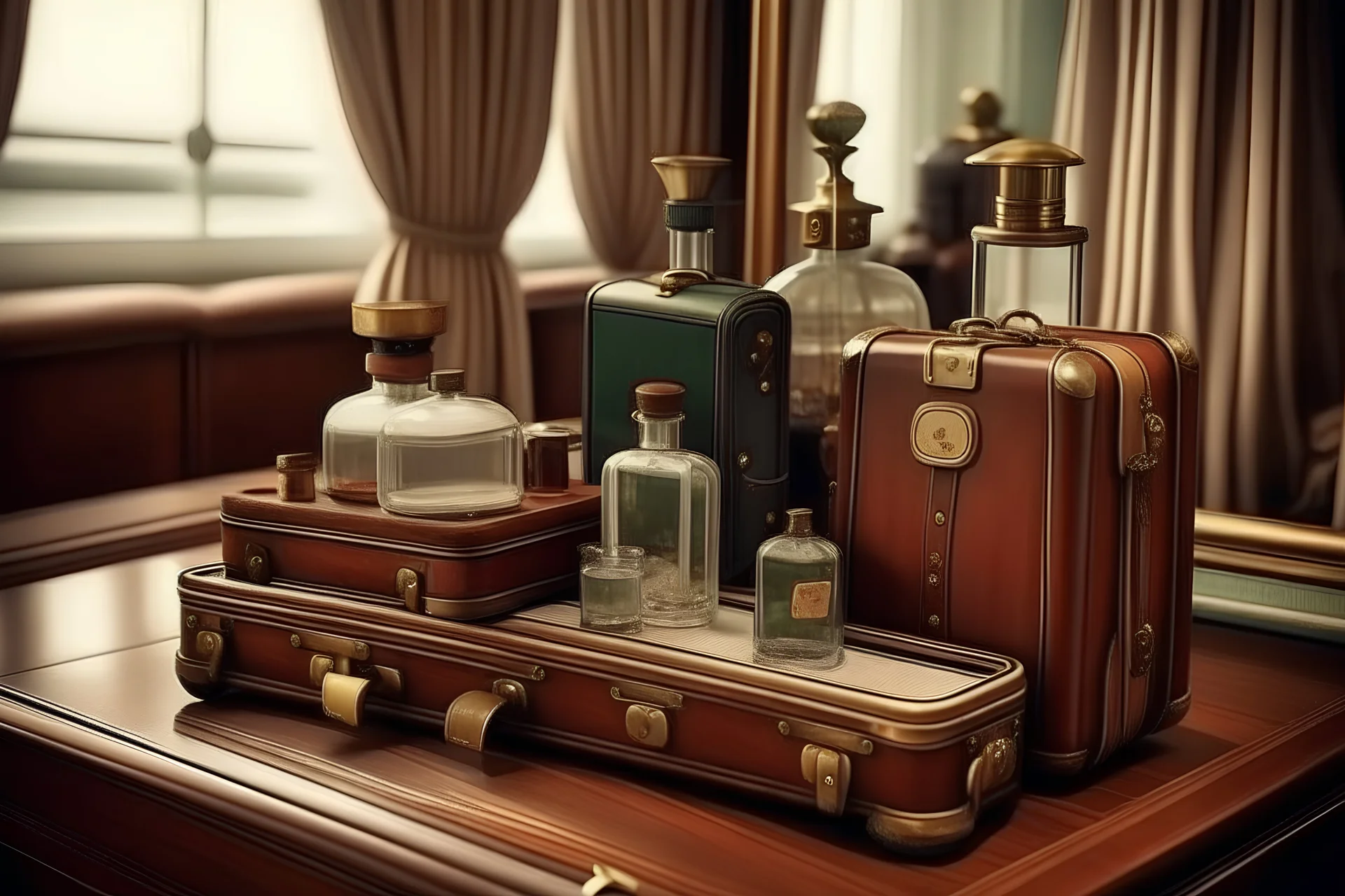 generate me an aesthetic image of perfume for Perfume Bottles with Vintage Luggage