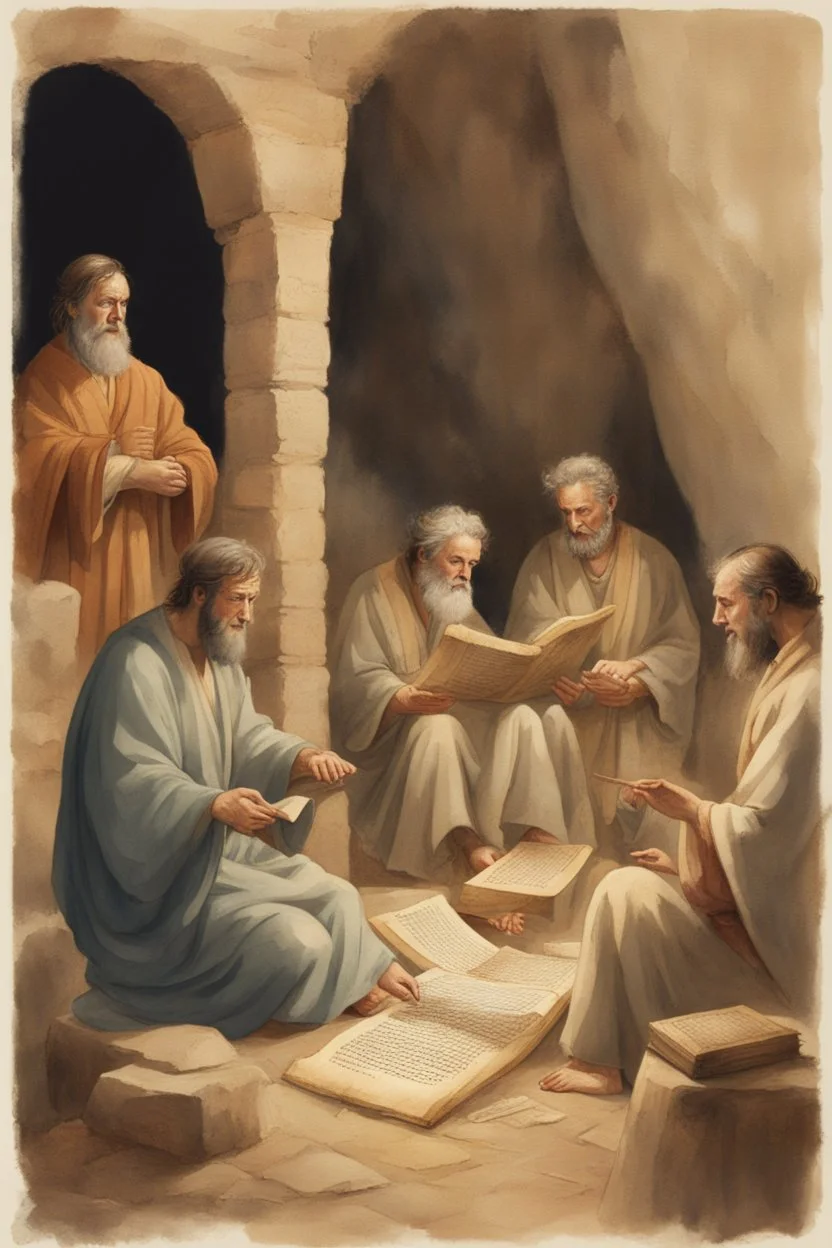 Several Christian priests of the 1st century AD are sitting in a cave and actively arguing and gesticulating, each holding a scroll of Ancient Scripture, many ancient scrolls are lying on a wooden table in front of them, everything is written in watercolor in high resolution, in 8k.