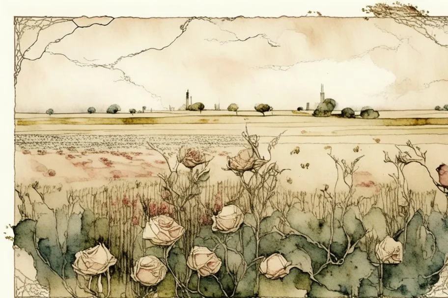 beautiful intricate rose field, soft delicate watercolor, dramatic, perfect composition, by Arthur Rackham highly detailed intricate very attractive beautiful fantastic view watercolor Arthur Rackham Jean-Baptiste Monge Egon Schiele muted tones professional Enki Bilal patchwork watercolor and ink Xuan Loc Xuan