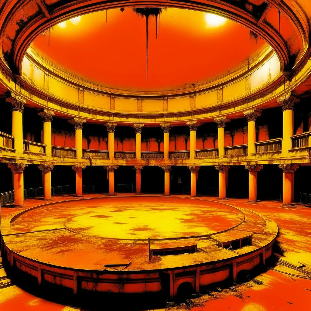 A yellowish orange coliseum filled with brawlers painted by Andy Warhol