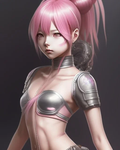 Detailed cute anime Kunoichi girl, pink hair buns, pink bangs, black latex bodysuit, intricate details, full body portrait, keep head in frame, slight smile, black Japanese motif, concept art, highly detailed, digital painting, concept art, sharp focus, illustration, art by Yoji Shinkawa, WLOP and greg rutkowski and alphonse mucha and artgerm and yanjun Chen and Junji ito and Makoto Shinkai, HDR, octane render