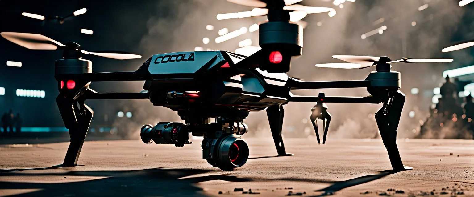 Cocola Brand Military Drones, cinematic, Fuji Film, Anamorphic lens, 2040s, deep depth of field, in a Cyber punk WW3 film