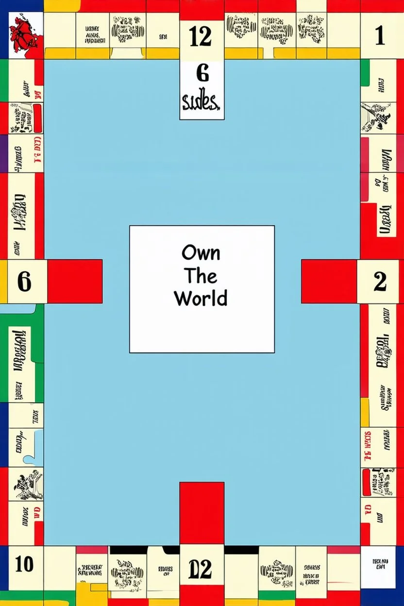 create a custom monopoly style board GAME with: EQUAL SIDES 12 SQUARE EACH SIDE WITH A BIG SQUARE IN THE MIDDLE. MAKE THE WRITING IN THE MIDDLE SAY OWN THE WORLD ,