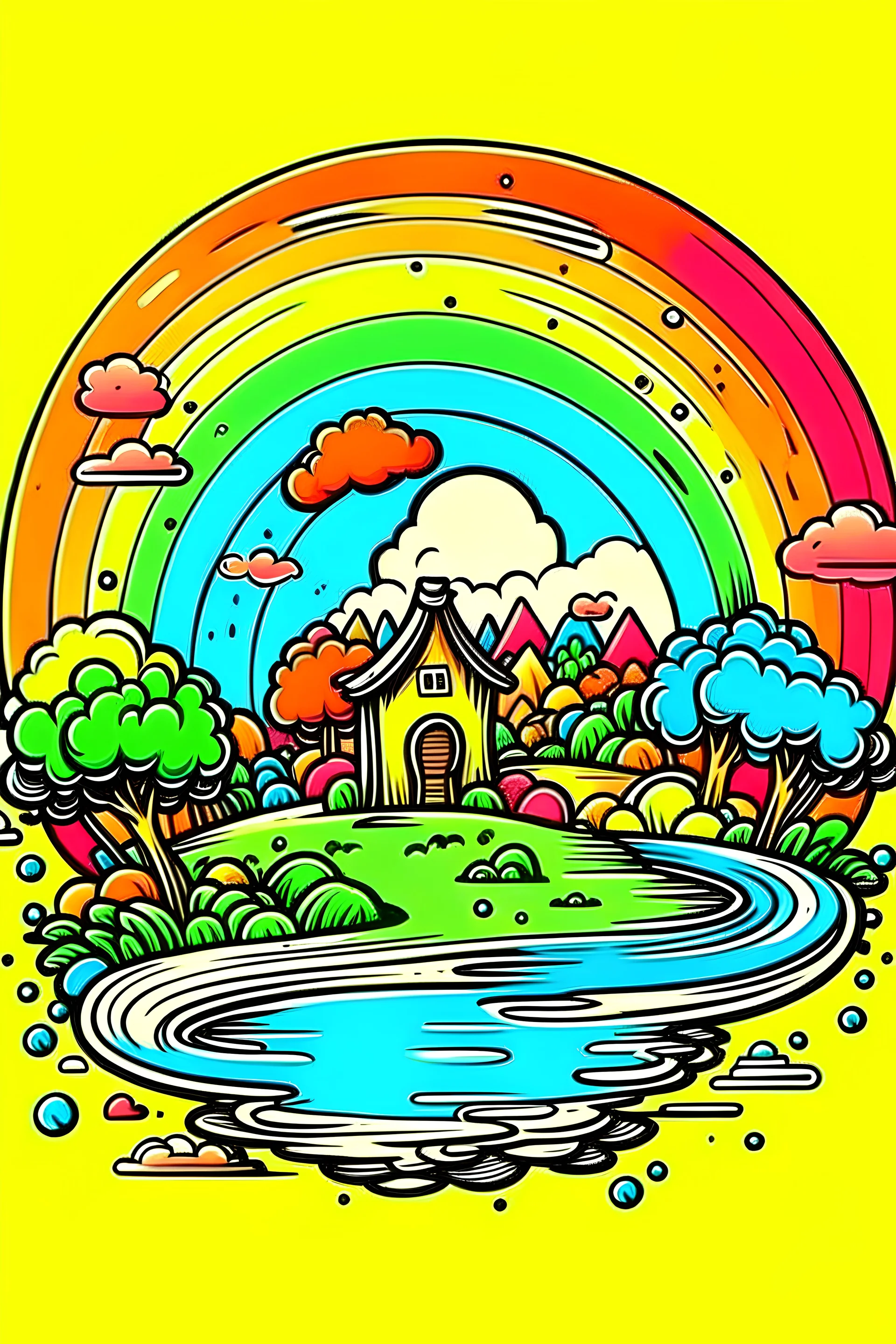 it's used on T-shirts, cartoon style, landscape painting.element include rainbow