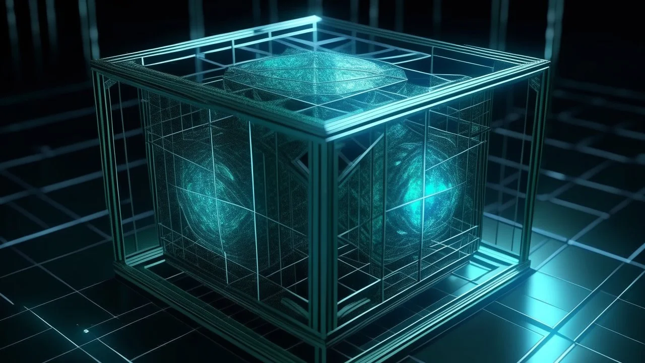 Cube tesseract from movie Loki. Tesseract size third part of image size. Located strictly in the middle of picture with space around it and with navy blue/green glow inside tesseract. Without surface/table on which it stay.