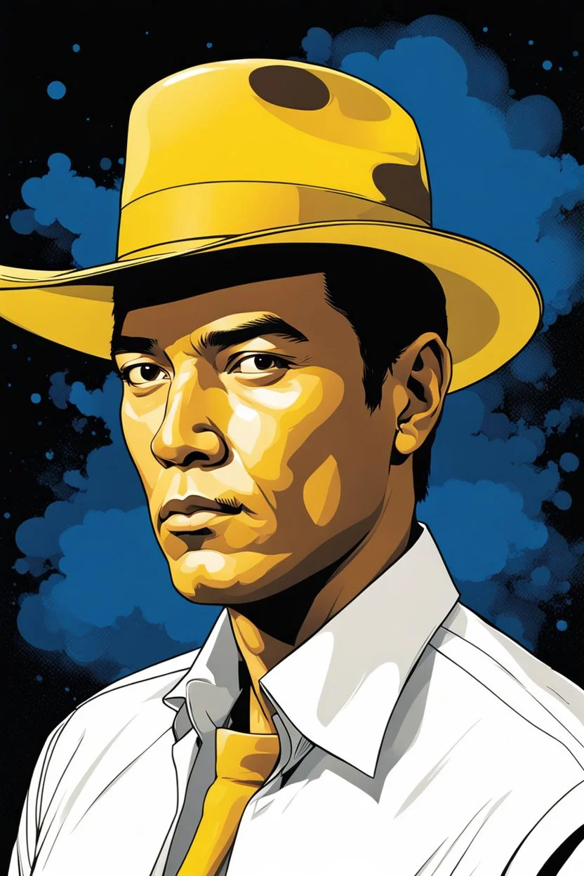 Gustavo Petro, comic style artwork, dark yellow, black and blue, wearing a wide-brimmed hat, wearing a white shirt, calm, serious and thoughtful