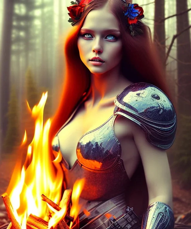 beautiful girl, muskulöser oberkörper, red long hair, corsage, smile, blue eyes, sehr große oberweite, kriegerin, im wald, nacht, lagerfeuer, fantasy art