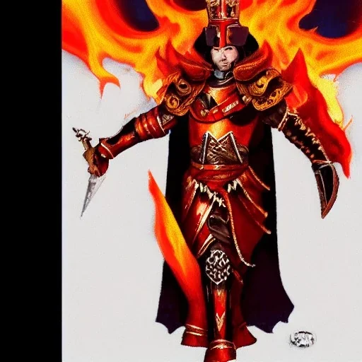 A full body image of a king, dark hair with red armor, surrounded by flames and fire