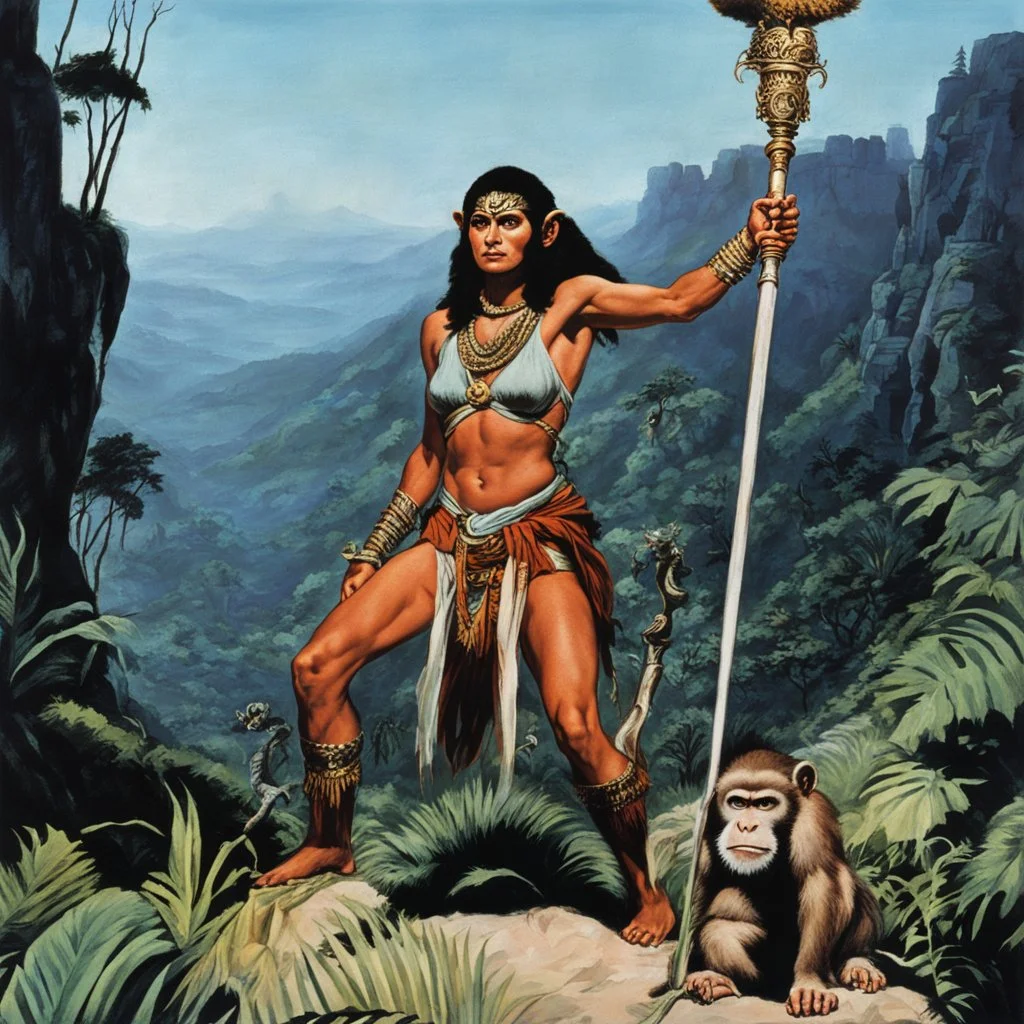 [Jason and the Argonauts (1963)] Legendary Monkey Queen with her staff on the jungle hills feet, and monkey tail, multiple arms shiva