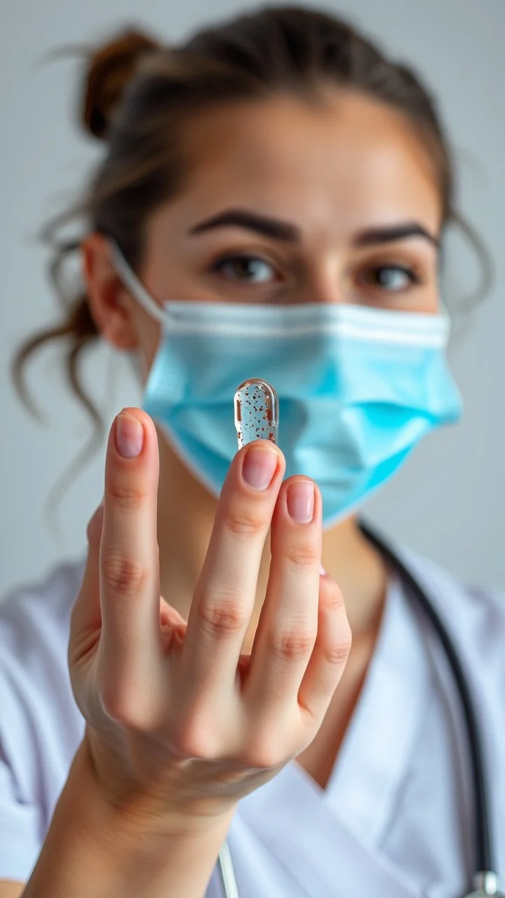 A nurse with a medical mask on her mouth holding an infection towards the camera
