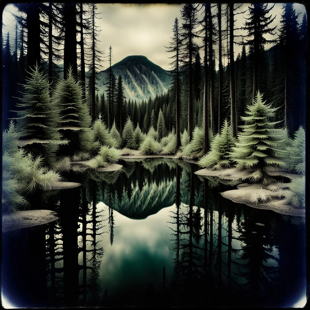Sublime foto close-up polaroid ad alta definizione di una foresta di conifere falsa, strani mostri, un lago falso, surreale, collage art, dadaism, sublime, splimapys nero, cielo nero, acqua nera riflette un sole nero, macabre piante circondano il lago, alghe, hypermaximalist, Max Ernst style, strangeness, intricate, hypnotic, obsessive, 8k, deep 3d field, very accentuated details of the rocks, eerie, artistic photo, large format film, medium format film