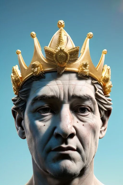 Ultra Realistic image, classic sculpture, white marble material, Maradona, gold crown of natural thorns, god crown, gold veins, gold ornaments, sun rays background, waist up portrait, epic, celestial, cinematic lighting, God lights, 4k resolution, smooth details, soft lighting, unreal engine 5, art station, substance 3d.