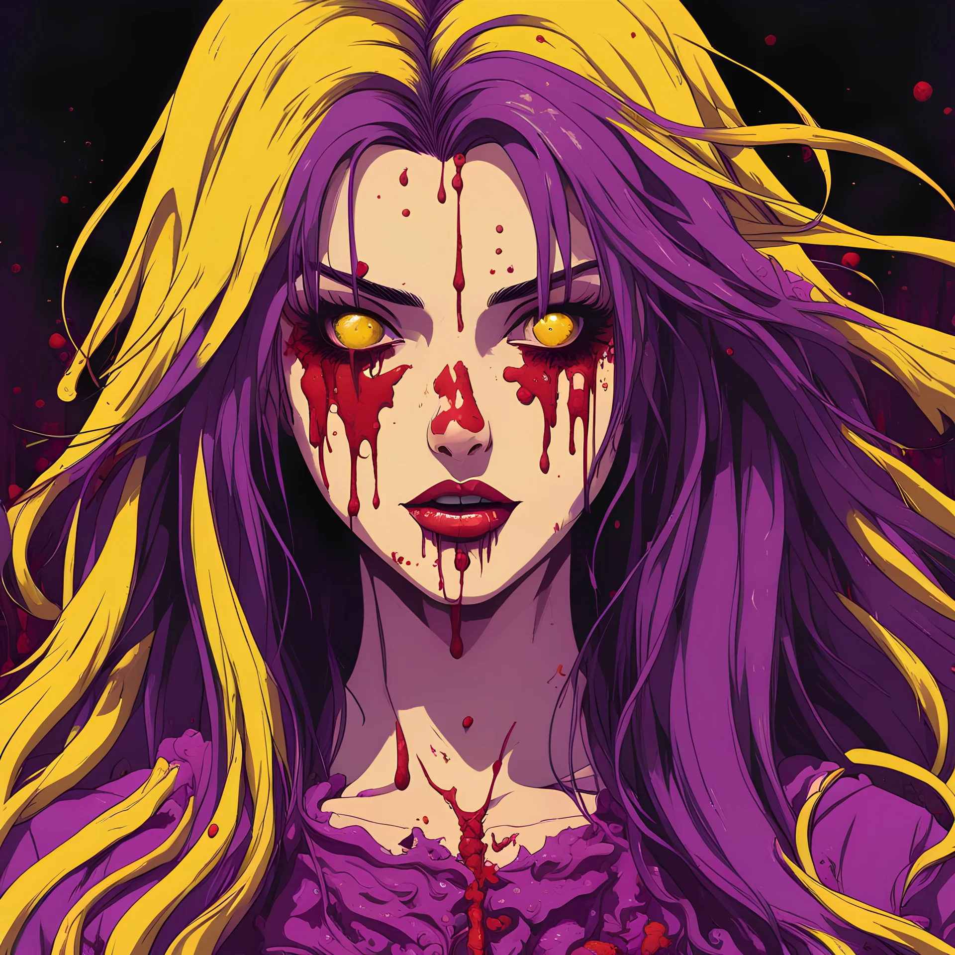 retro anime style,yellow and purple,Gore,Bloody,Gory,Disturbing,Depraved,Brutal,ghoul lady with long hair,Violent,Mind Unsettling,Disgusting,Vomit,Intestines everywhere,dismember,cannibalism,cannibalistic,mutilation,guts,meathooks,creepy