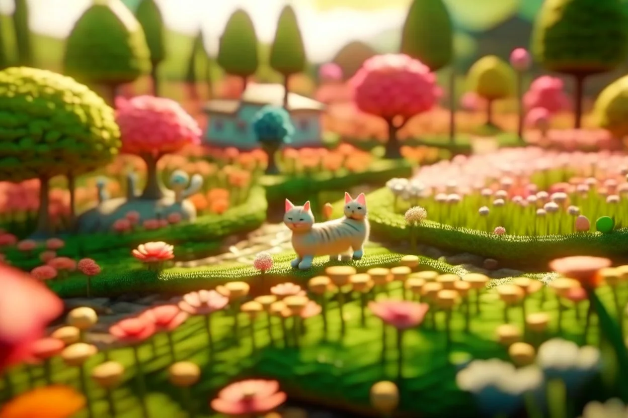 top view of a miniature flower farm scene with cute chibi anime gardener cats tending to the flower fields S<AI in sunshine, photorealistic, 3D, ethereal, cinematic postprocessing, bokeh, dof