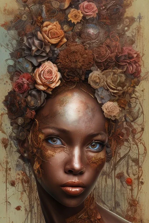 an abstract painting of rusted metal and flowers, heart filled with love African slave lady working so hard, rust, scaffolding, iron cladding, decay, mixed media, textured, anatomically correct, beautiful perfect face, sharp focus, highly detailed