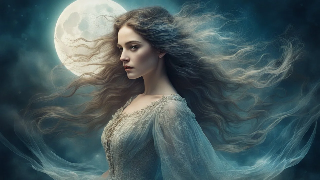 Victorian era, portrait of a beautiful woman 30 years old, beautiful airy dress, double exposure, fantasy, mysticism, night, fog, flowing hair, moon, water, sparkles, fine drawing, clear lines, bright colors, high resolution, 3D, clear lines, photorealism,