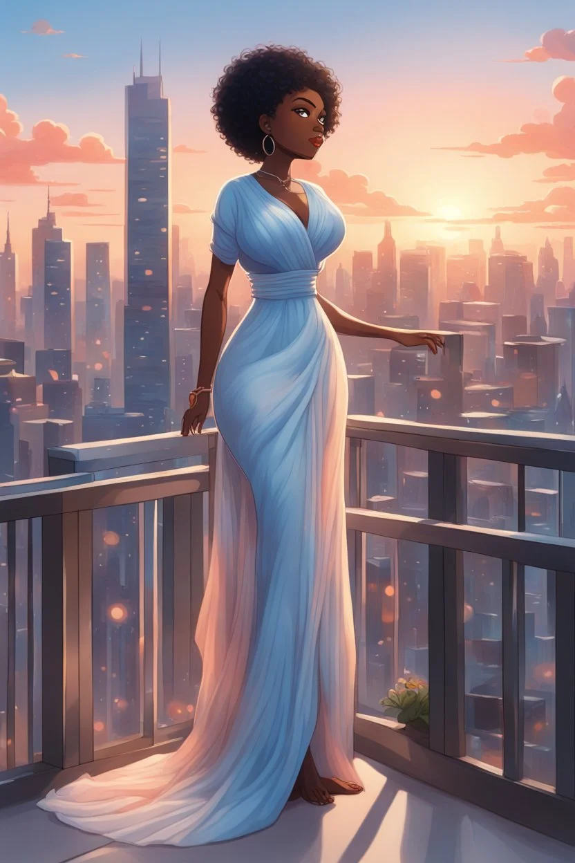 The scene opens onto a serene balcony overlooking a bustling city skyline. The sky above is painted in soft hues of blue and peach as the sun begins its descent, casting a warm glow over everything it touches. In the foreground stands a captivating figure, airbrush chibi cartoon curvy black woman exuding confidence and elegance. She is adorned in a flowing white knit maxi dress that hugs her curves in all the right places, accentuating her silhouette. Her choice of footwear is equally stunning