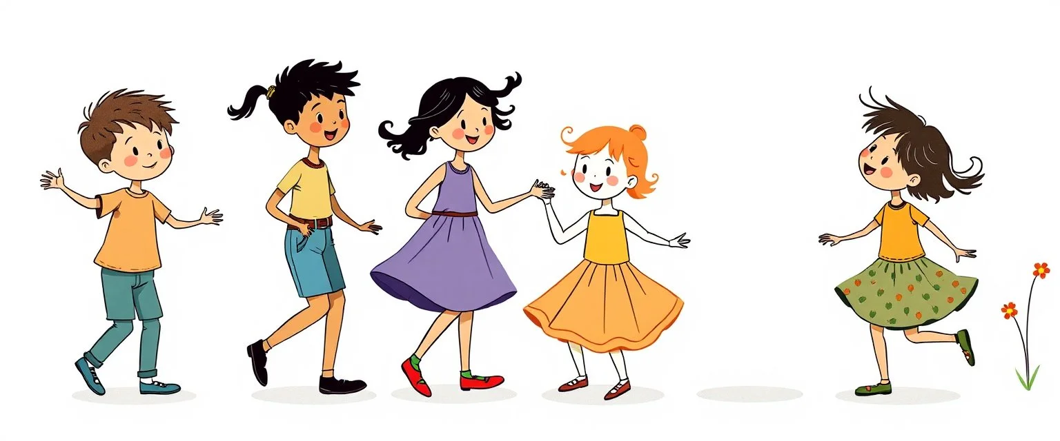 whimsical illustration of children playing and dancing. children's book style, on a white background