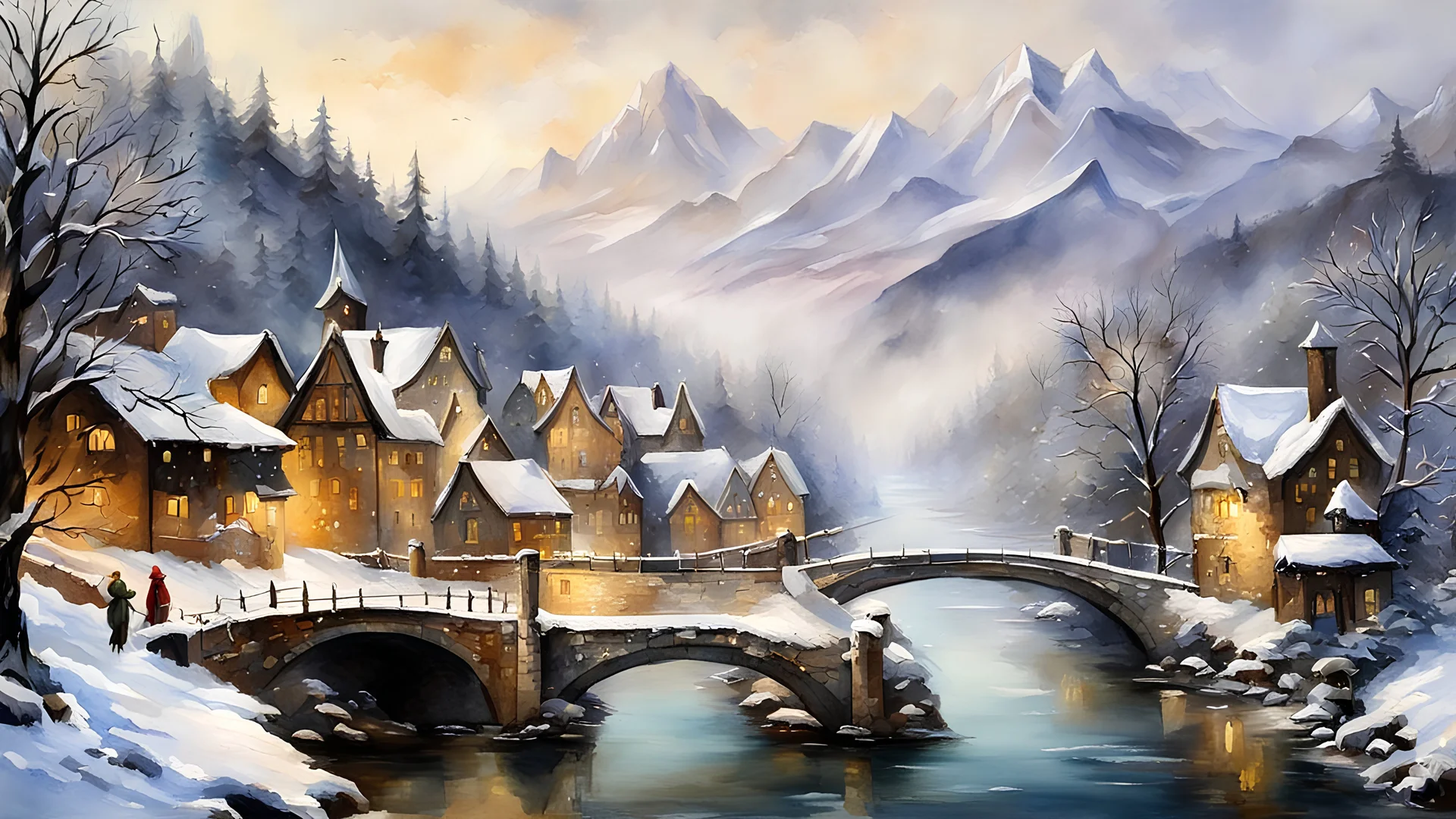 winter, 2d game scene, oil and watercolor painting, scenery, mediaeval town, river, bridges, steam, fog, mountain, tree, forest, (masterpiece:1.2), best quality