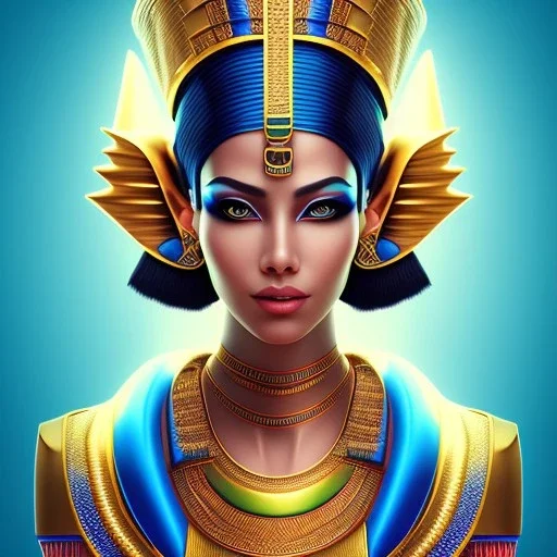 3D close-up of a beautiful Egyptian pharaonic queen girl, sarcastic smile, high contrast, glowing backlighting, blue and red backlighting, vibrant hair, dark brown eyes, sharp focus, high makeup, face painting, background blur.