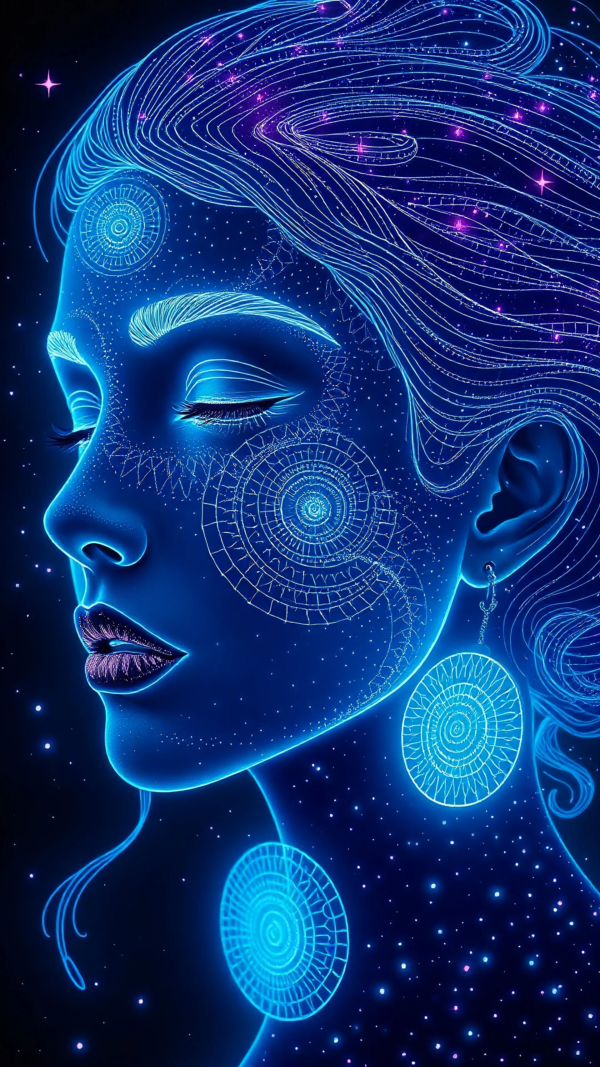 A celestial woman face void glowing with inner light from the depths of profound liquid neon. Her face skin doodle geometrical kusama and form are fragmented and transformed into a mesmerizing array of spiral formations: * Perfect **Fibonacci spirals** crafted from strands of pearlescent light form her nose bridge and eyebrows. * Tight **Archimedean spirals** unravel into the flowing rivers of her hair. * **Double Helix spirals** appear as her earrings and the patterns on her neck, symbolizi