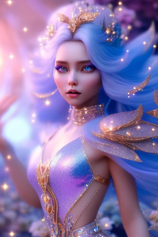 woman glitter blue fairy in a galactic ambiance, long blue hair, detailed gorgeous smile, delicate colors in the foreground, full of details, smooth, light effect，vaporwave colorful, smooth, extremely sharp detail, finely tuned detail, ultra high definition, 8 k, unreal engine 5, ultra sharp