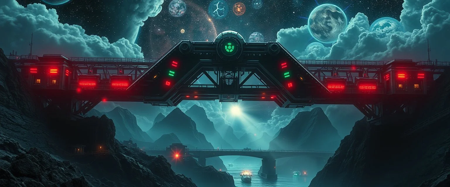 dark bridge space station, portrait of inter-galatic handsome power broker , the first nation, witchcraft, cyberpunk village, sci-fi, strange chrome vessels, volume light from stars through clouds, goa trance poster