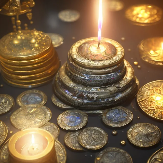 dynamic lighting, Intricately detailed, Splash screen art, deep color, Unreal Engine, volumetric lighting, silver coins, gold coins, silver treasure, stacked coins, indoors, candle, altar, black table,