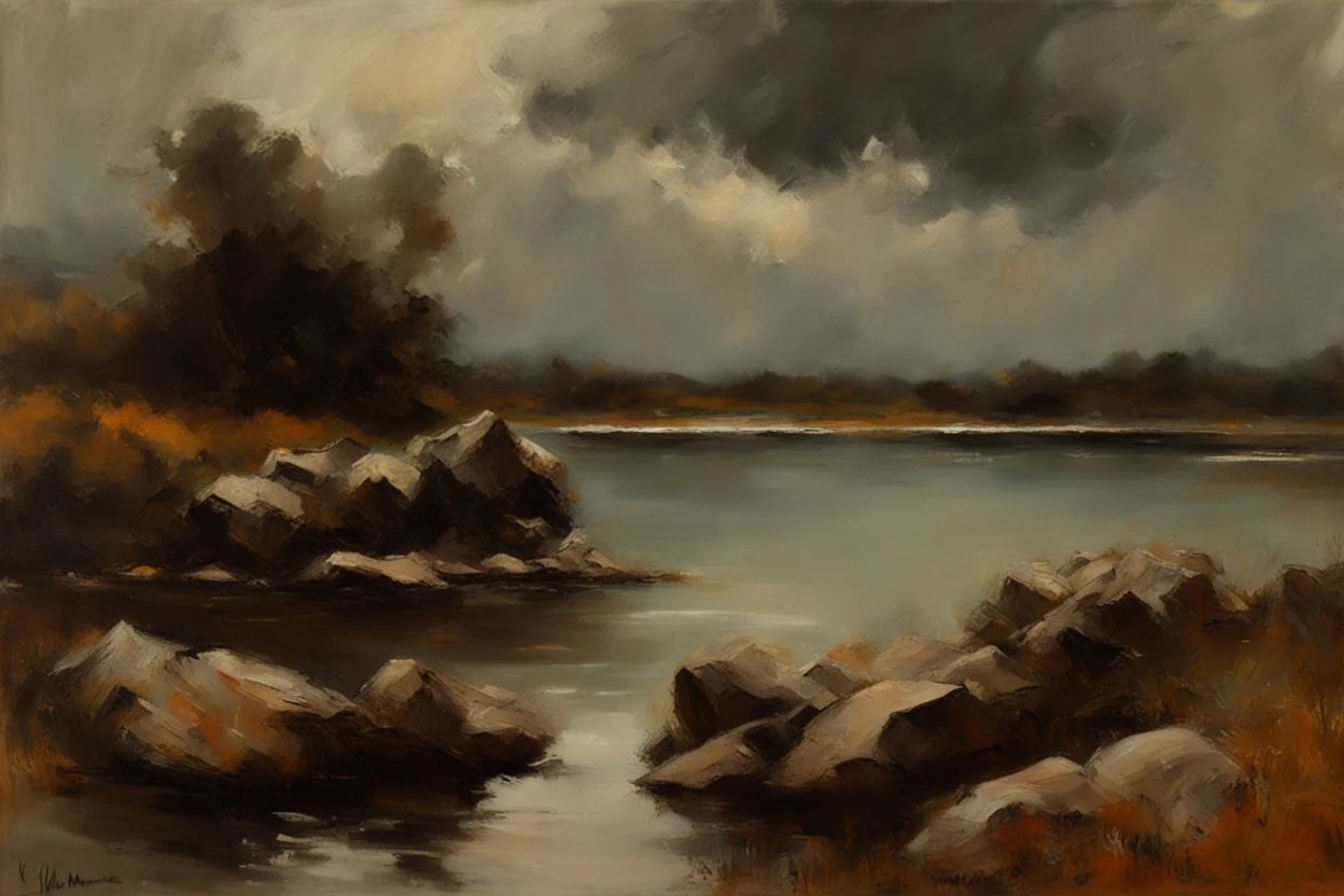 Cloudy day, lake, rocks, begginer's landscape, 2000's sci-fi movies influence, willem maris impressionism paintings