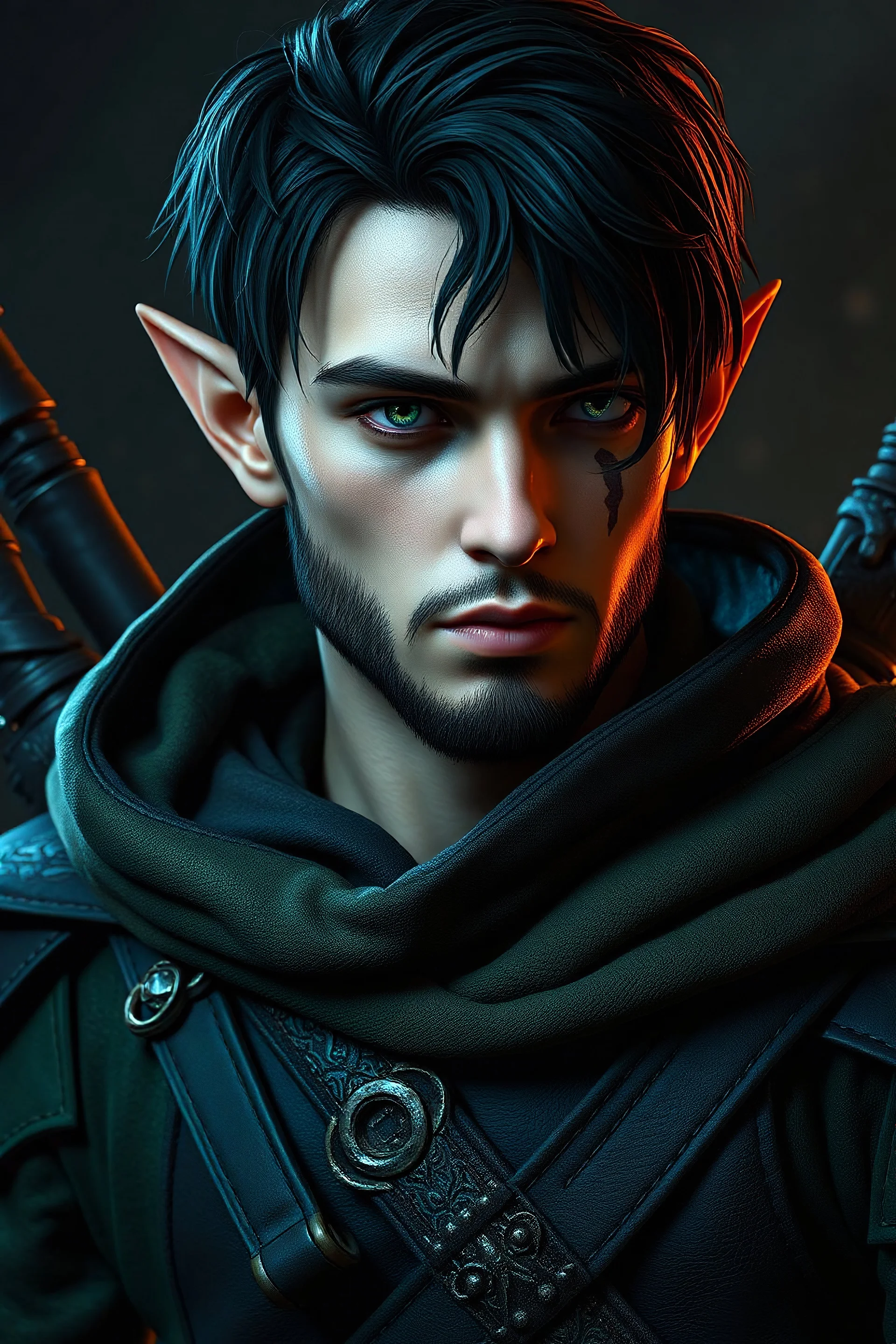 young male elven ranger, black & green leather, black hair, silver eyes, short trimmed beard, slim vertical laceration over right eye, 8k resolution, dark fantasy concept art, as on Deviantart, dynamic lighting, hyperdetailed, intricately detailed, trending on Artstation, deep color, Unreal Engine, volumetric lighting, complementary