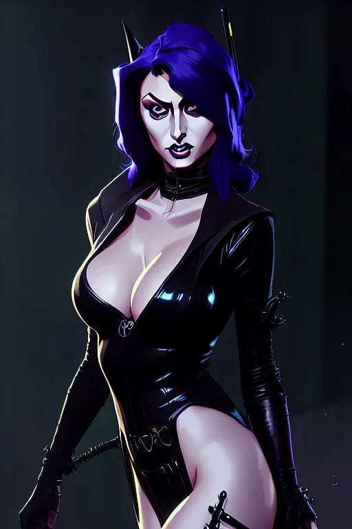 Medieval witch SOPHIA LOREN dressed in shiny black leather, frank miller sin city, busty, cleavage, volumetric lighting, particales,highly detailed,cinematic, deep colours,8