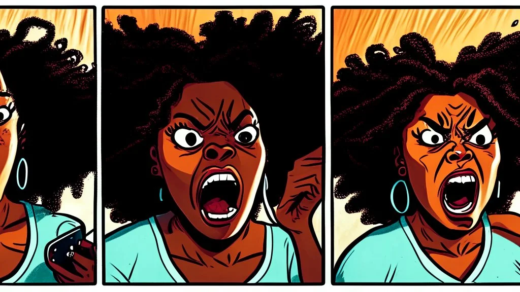 2 panels: one with an angry black lady screams on phone