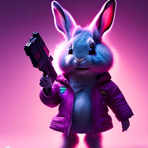 pixar style anamorphic cute cyberpunk rabbit baby, smiling, full body, magenta puffer jacket, manila city backdrop, hyper realistic, unreal engine 5, 16k,