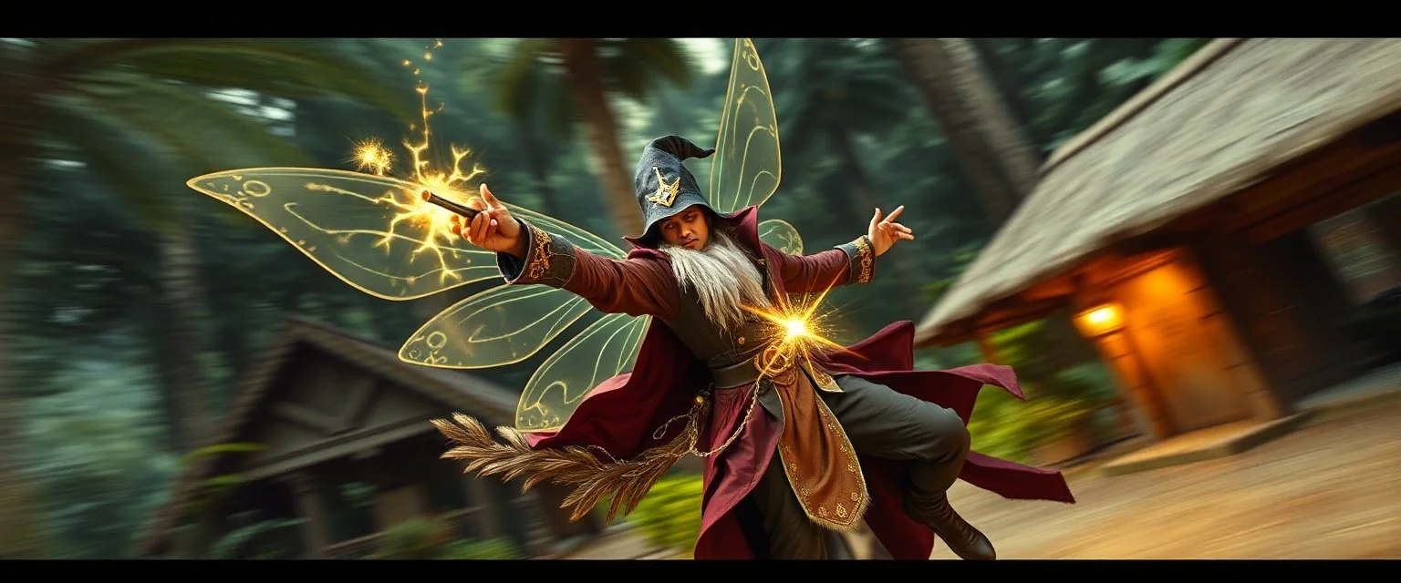 super duper mega rock star fairy thief priest dungeons magician throwing a wild magic spell that performs while flying at high speed through jungle village, background motion blur