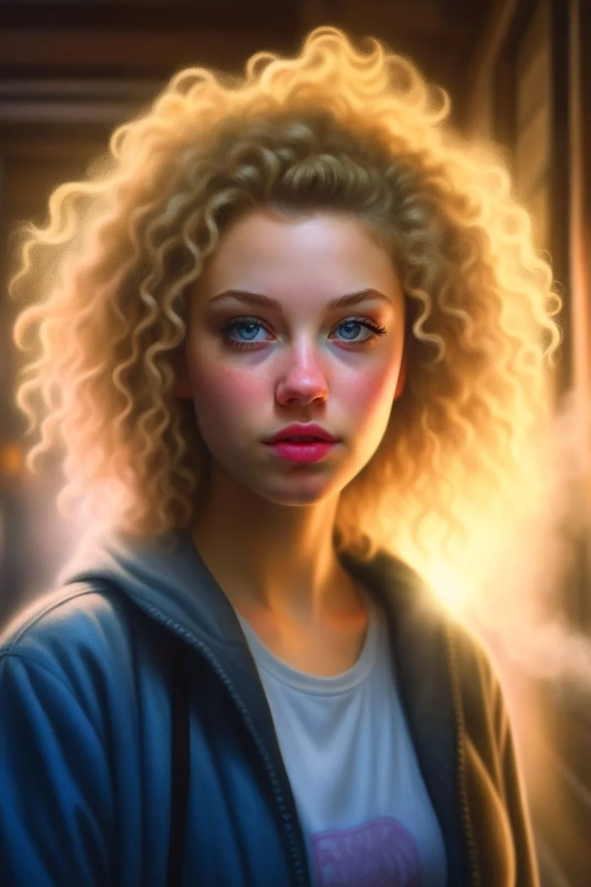 art grafitti background, a cute curly blonde female chat robot that stares at us like we are the prettiest demons she has ever seen, its such a perfect day, motion blur, smoke, 8k, downlight, soft light, depth of field, photorealism, trending on art station, lotsa detail