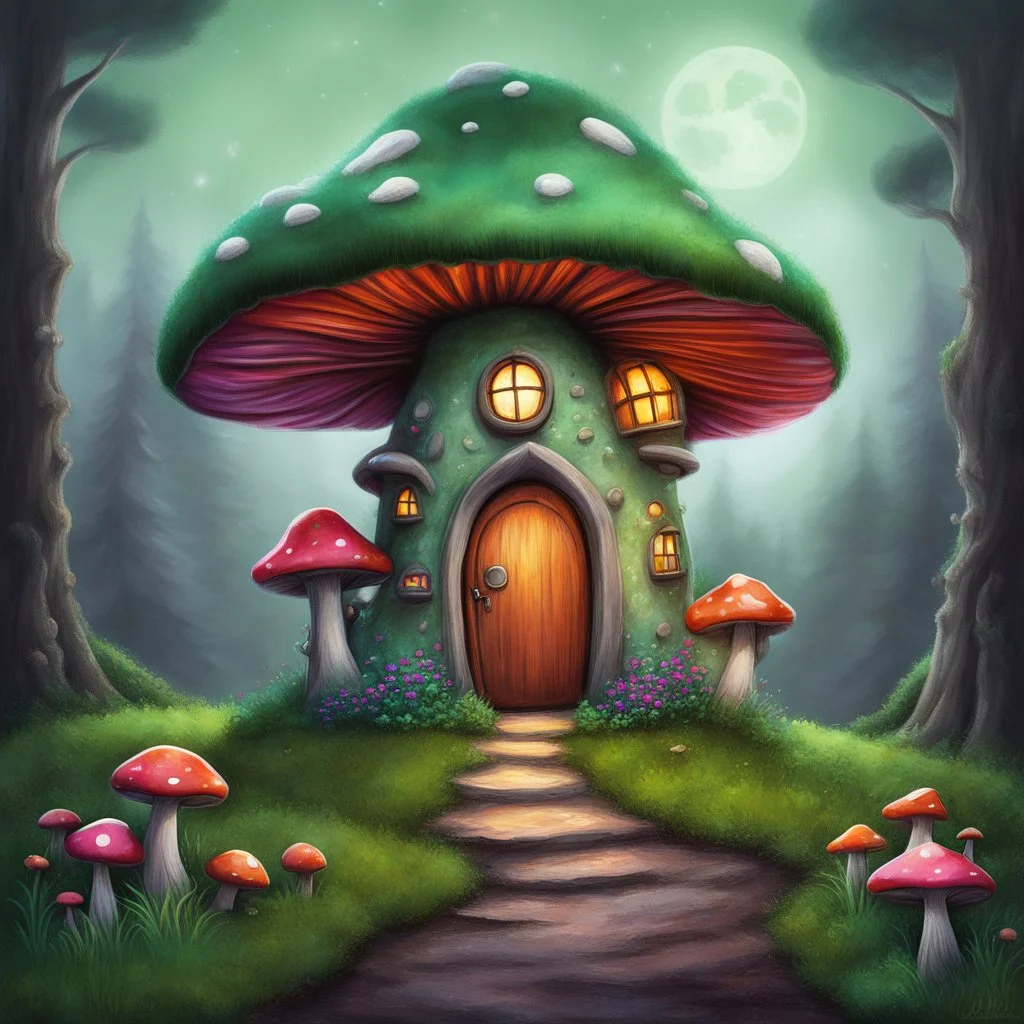 Outer space mushroom house on a lush green space island. Rich brown dirt and Bright Crystals comprise the base of the island. The Mushroom house has a lantern hanging above the door and a wispy green smoke rising from a gray stone chimney. Bold Bright Colors, Stark Dark background. Fantasy Style. High Quality, Painterly, Whimsical, Fun, Imaginative, Bubbly,