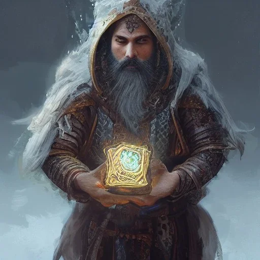 Insanely detailed landscape of an “D&D twilight cleric holding glowing holy trinket” with intricate detailed trimed beard,high and tight hair cut,40 years old, intricate clothing, hyperdetailed painting by Ismail Inceoglu Huang Guangjian and Dan Witz CGSociety ZBrush Central fantasy art album cover art,8K, hdr, mysterious, flickeringlights ,Stoic