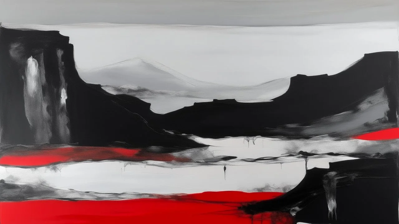 An abstract and ultra minimalist oil painting by Matiise and Kuniyoshi of a red, black and white desert landscape.