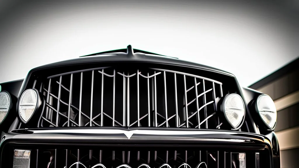 Photograph of a the front grill of a gorgeous, expensive, oldschool black muscle car with a big, black front grill, realistic, stylish, taken up close, symmetrical