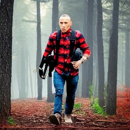 Georges st pierre with a red plaid shirt a jean and a backpack and a gun in a creepy forest carrying a gun in the belt