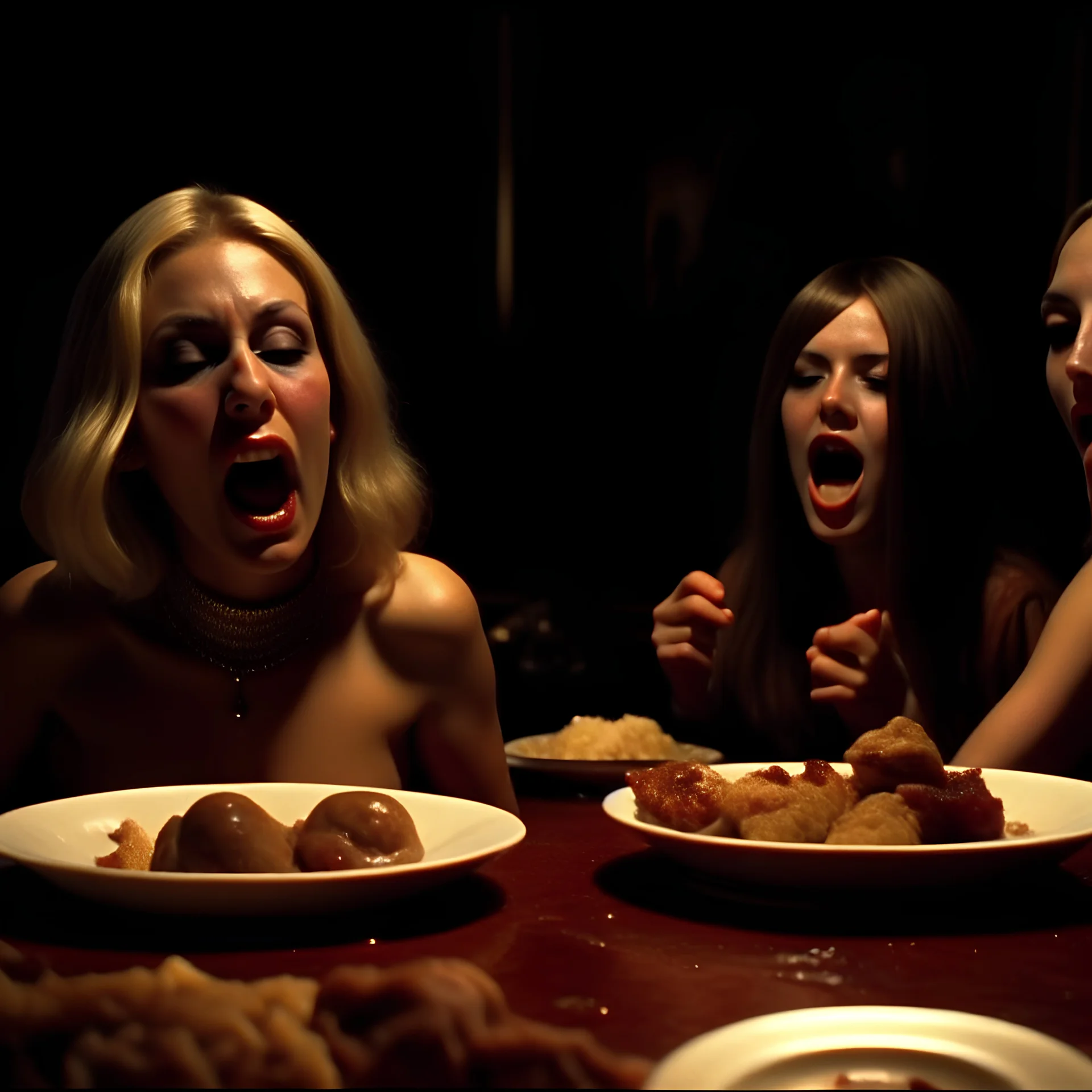 Horror movie shot, spooky, hot, ultra realistic, dine, tongues, ultra realistic hot blonde women, party, pieces of meat, organs, ail, dynamic, very excited people, hypermaximalist figures, light, 1970's Italian horror movie, sinister,, Dario Argento, Stanley Kubrik, ornate, 4k, photorealism