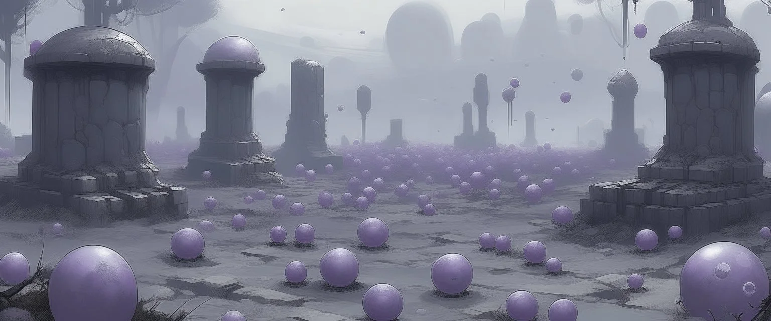 A pale grayish purple graveyard with floating orbs painted by Cai Jia