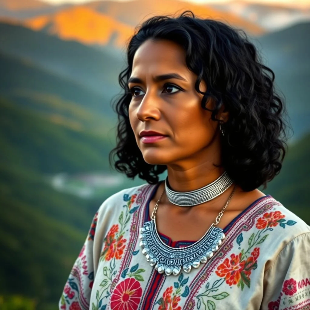Mujer Retrato fotográfico realista de una mujer adulta de ascendencia latina, con rasgos marcados, piel trigueña, ojos marrón oscuro y cabello negro rizado hasta los hombros. Viste un huipil tradicional bordado a mano con motivos florales y lleva un collar de plata artesanal. Contexto: paisaje natural de montañas verdes al amanecer, con niebla baja y luz dorada. Expresión reflexiva y serena, mirando hacia el horizonte. Iluminación suave, composición centrada, calidad de fotografía profesional.