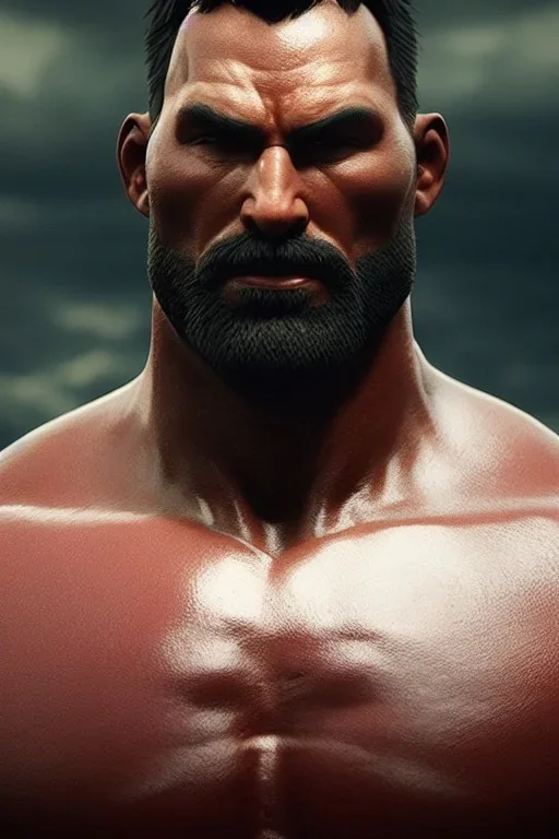 A upper body portrait of a beefy sexy man by Greg Rutkowski, Sung Choi, Mitchell Mohrhauser, Maciej Kuciara,full body, midjourney style, 8k, photorealistic, cinematic lighting, dramatic, atmosphereric,