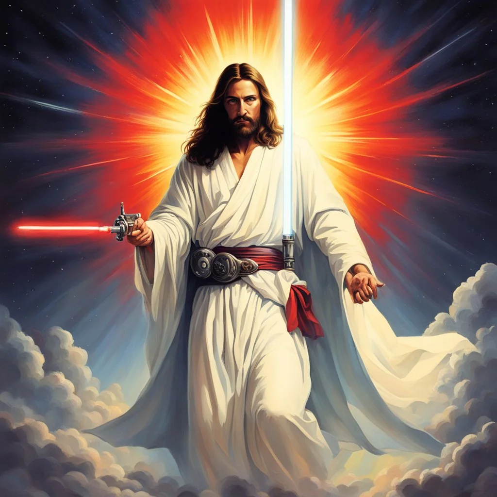 Jesus with a lightsaber opening the belly of the devil