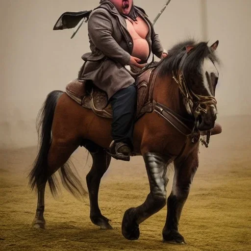 Fat guy on a horse have a great costume in dark and scary place fighting with enemy