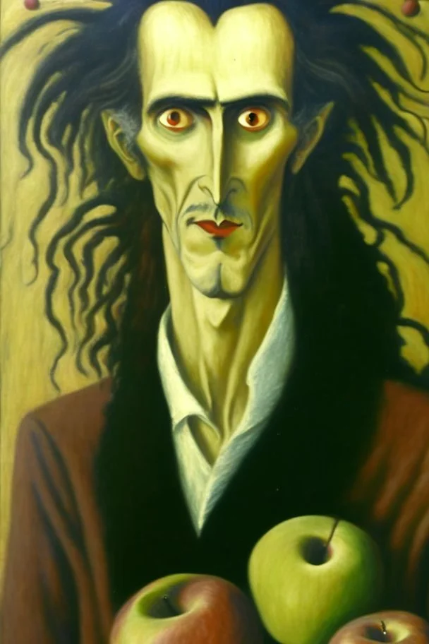 composition hair fully in focus full shot, Leonora Carrington fine detailed oil painting portrait of a man with apples