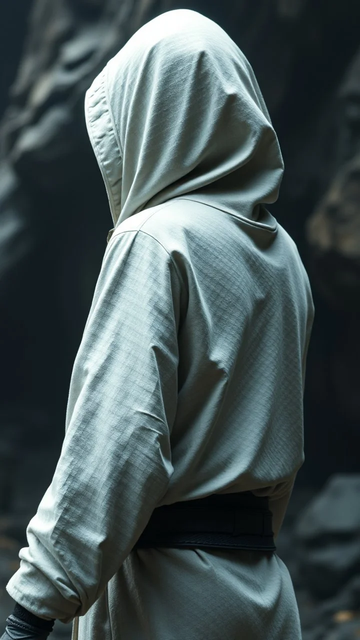The creature from the the movie Prometheus with white hooded clothes looking behind